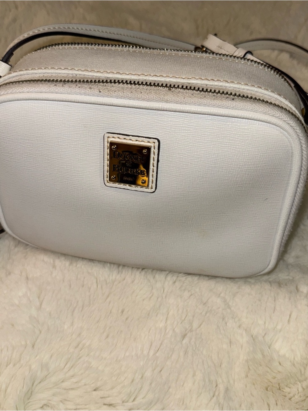 Dooney & Bourke Cream Crossbody Camera Bag with Gold Plaque